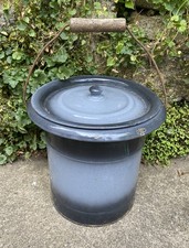 Antique Original GREY FRENCH Enamel Bucket  Pot Rustic Planter With Lid & Handle
