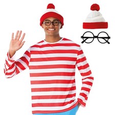 Mens Where`s Wally Costume Set Adult Red & White Stripe Book Day Fancy Dress Kit