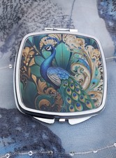 Art Deco Compact Mirror, Peacock in Teal and Gold, Vintage Handbag Makeup Mirror