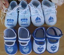 Baby Boy Pram Shoes Canvas I Love Mum I Love Dad Print Blue White Teddy Boat 0 3