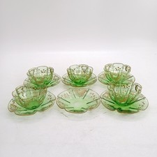 Victorian Moser Lobed Green Glass Bohemian Finger Bowls x5 And Plates x6