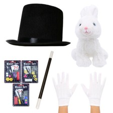 MAGICIAN COSTUME SET ADULTS KIDS UNISEX HAT MAGIC WAND GLOVES RABBIT FANCY DRESS