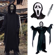Kids Child Scream Ghost Face Cosplay Halloween Costume Fancy Dress Mask Knife