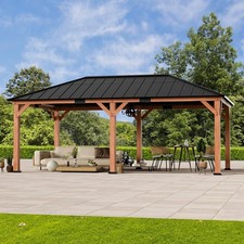 Outdoor Large Wood Gazebo with Hardtop Galvanized Steel Roof for Lawn and Garden