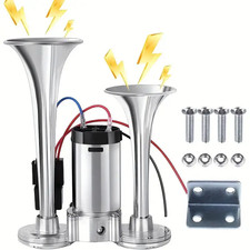 12V Air Horn for Truck with Air Compressor Dual-Trumpet Chrome Compatible Silver