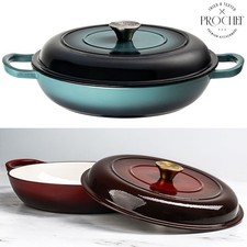 Prochef Large 30cm Cast Iron Casserole Dish with Lid Enamel Oval Pan Round Pot