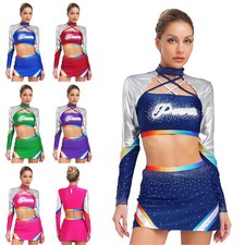 Women Cheer Leader Costume Cross Straps Crop Top with Skirt Cheerleading Uniform