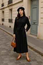 Anne Klein Shirt Dress Womens L Black Satin Belted Minimalist Capsule Wardrobe