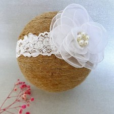 Christening Headband, Baptism Headband, Chiffon Flower with Pearls, Sequins,