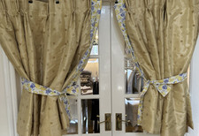 VINTAGE GOLD CURTAINS WITH LAURA ASHLEY CHARLOTTE SWEET PEA EDGING/ TIEBACKS