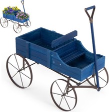 Blue Wooden Garden Wagon Planter Decorative Flower Cart w/ Handle & Wheels