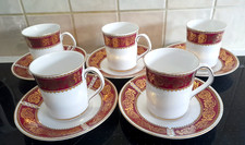 ELIZABETHAN BONE CHINA BURGUNDY & GOLD SET OF FIVE COFFEE CUPS & SAUCERS.