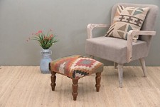 Handcrafted Acacia Wood Stool with Decorative Kilim Upholstery | Elegant Footsto