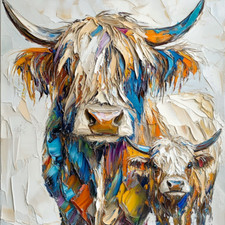 Abstract Highland Cow Oil Art Luxury Canvas Wall Picture Print Colourful