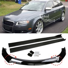 For Audi A4 B5 B6 B7 Gloss Black Front Bumper Spoiler Lip + Side Skirts Splitter