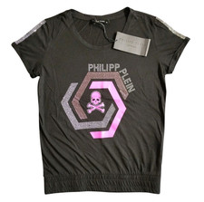 Philipp Plein T Shirt Womens S Black Embellished Skull Bone Graphic Taped Ruched
