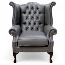 Queen Anne Grey Italian Leather Chesterfield Buttoned High Back Chair