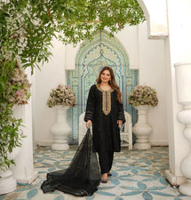 Black 3 Pc Organza Handwork