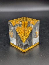 Vintage Yellow Chequer Abstract Faceted Glass Sculpture/Paperweight James Shaw