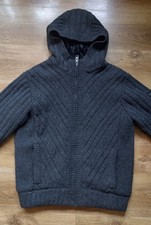 SCHOTT NYC Men's Heavy Wool Knit Zip Cardigan Hooded Jumper Fleece Lined L 23.5"