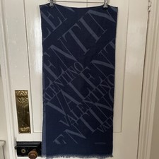 Valentino Monogram 100% Wool Scarf - Blue Long Fringed