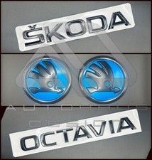 Fits Skoda Octavia Vrs Gloss Black & Blue Badge Set Bonnet & Tailgate UK Seller
