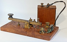 Antique Telegraph Morse Code Key & Battery Box - Walnut Wood & Brass Base 1900's