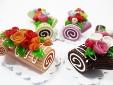 4 Mixed Color Log Roll Cakes Flower Rose Dollhouse Miniatures Food Dessert 16479