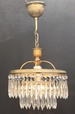 VINTAGE FRENCH CHANDELIER 2 TIER BRASS & GLASS WATERFALL CEILING LIGHT ( NV25 )
