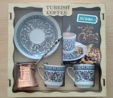 ALI BABA Turkish Coffee Set ( 100g Coffee + 2 Cups + 1 Copper Pot in Wooden Box)