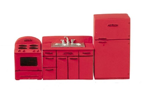 Dolls house red 1950 kitchen - dolls,