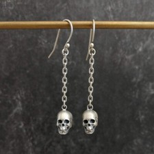925 Sterling Silver Tiny Skull on Chain Drop Earrings Lightweight Gothic Unique