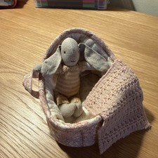 Maileg Micro Bunny Rabbit In Pink Carry Cot Basket in Pink/Yellow Knit