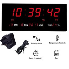 14" Digital LED Wall Clock Large Display Alarm Calendar Date Temperature Plug-In