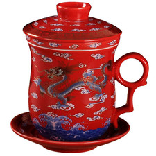 Chinese Ceramic Dragon Tea Cups Coffee Mug Infuser Lid Saucer Kung Fu Tea Set