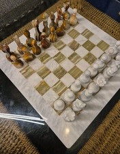 Chess Set 15" White & Brown With Green Flecks Onyx/Marble Handmade New Stock K