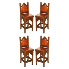 FOUR FINE RESTORED BROWN LEATHER GOTHIC REVIVAL STEEPLE BACK KITCHEN BAR STOOLS