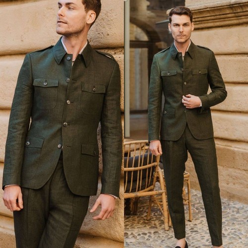 Men green linen - linen, 2‑piece