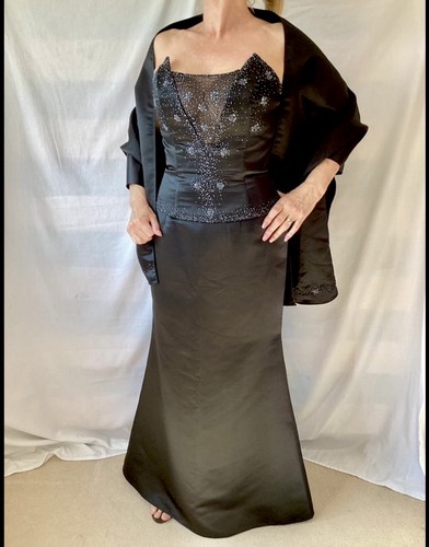 Black satin evening gown - evening, 3