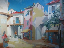 French Cubist Village Painting