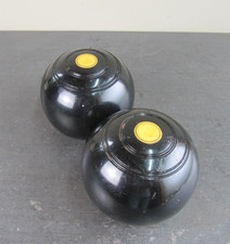 Pair Of Vintage Lignum Vitae Crown Green Bowls Bias 2 Full