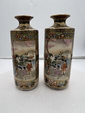 PAIR Japanese Satsuma Porcelain Hand Painted Vases GOLD ACCENTED MEIJI  As Is