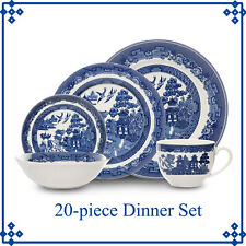 Blue Willow 20-pcs Dinner Set Ceramic Serving Plates Bowls Saucers Cups Antique