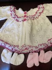 Hand Knitted Matinee Jacket 0-3 Months White / Purple And Lace. Booties New 