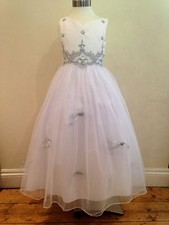 New White+Silver Flowergirl First Holy Communion Wedding Bridesmaid Dress 7-14 Y