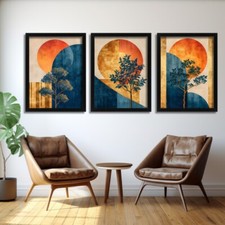 Navy Blue And Orange Art Set of 3 Prints Abstract Poster Art Minimalist Artwork
