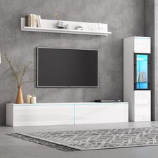Set Of 3 TV Wall Unit, LED TV Stand, High Gloss TV Cabinet, White Living Room Fu