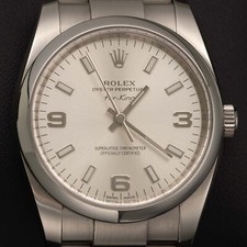 Rolex Air King 114200 Smooth Bezel Oyster Watch 34mm Silver Index Dial