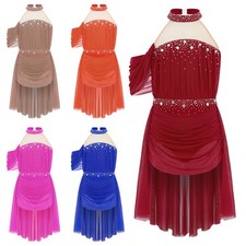 Kids Girls Lyrical Dance Costume Leotard with Ruched High Low Wrap Skirt Dress
