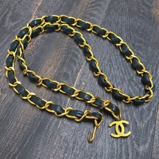 CHANEL Gold Plated Black Leather CC Logos Vintage Chain Belt #1123c Rise-on